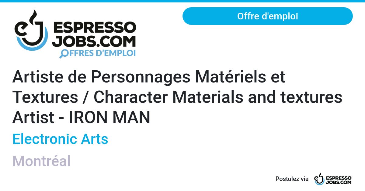 Offre d'emploi Artiste de Personnages Matériels et Textures